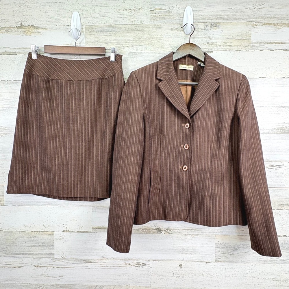 Amanda Smith Womens Brown Pinstripe Herringbone Blazer Skirt Suit Set Size 6